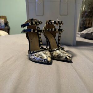 Wild Diva Black and White Snakeskin Heels with Studded Straps